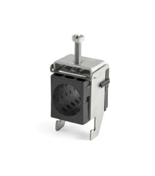 Metal clamp with black plastic part and screw.