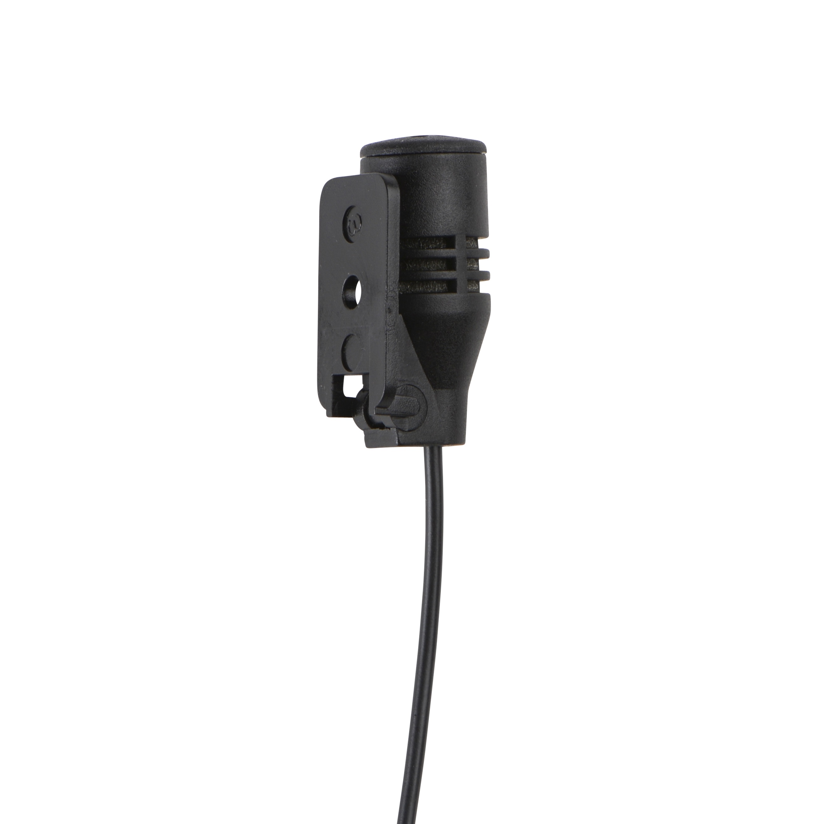 Microphone noir à lavalier avec câble et support à pince.