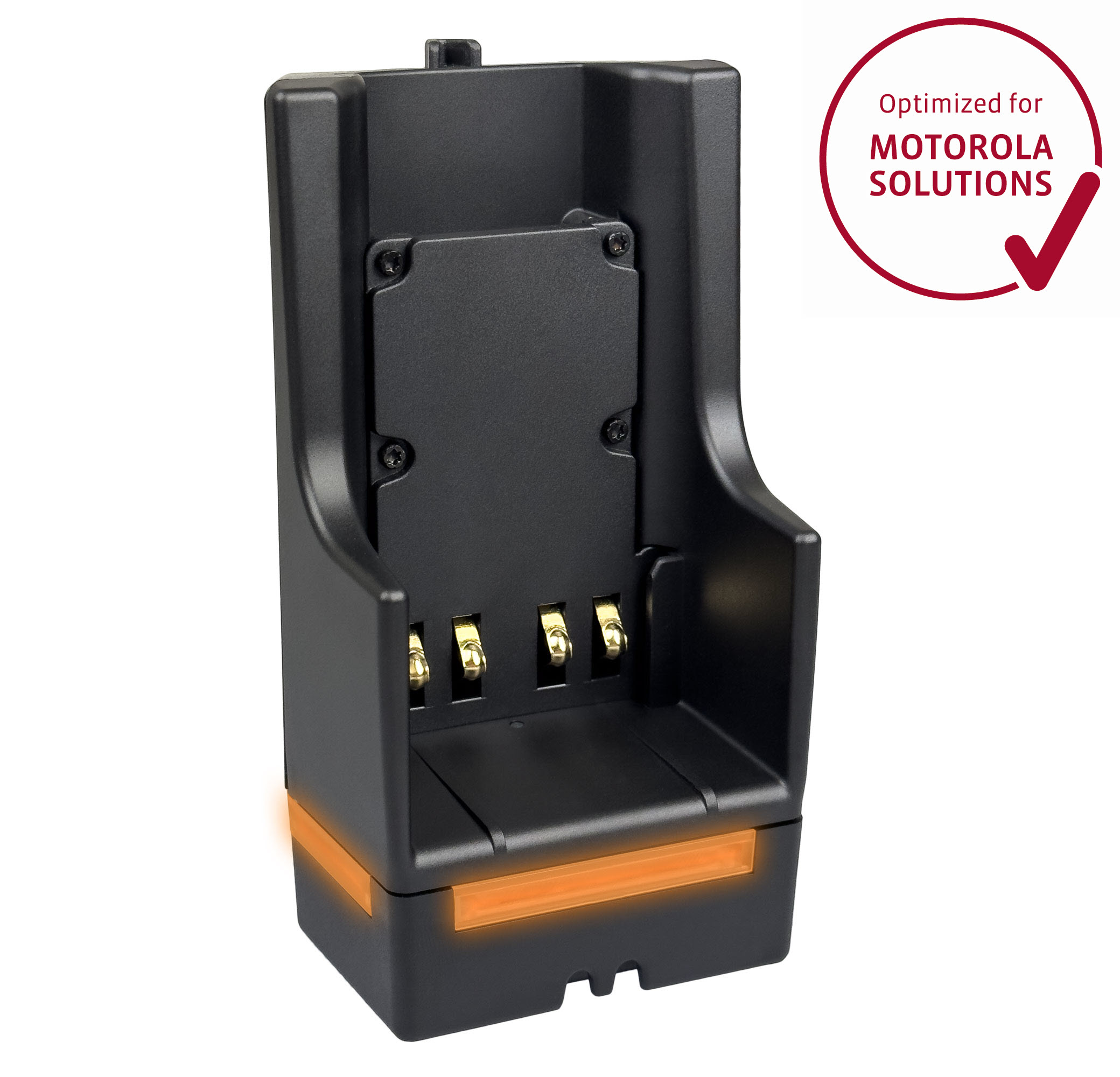 Chargeur noir-orange pour Motorola. Quatre contacts métalliques à l'intérieur.