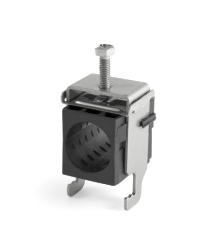 Metal cable clamp with screw and black plastic part.