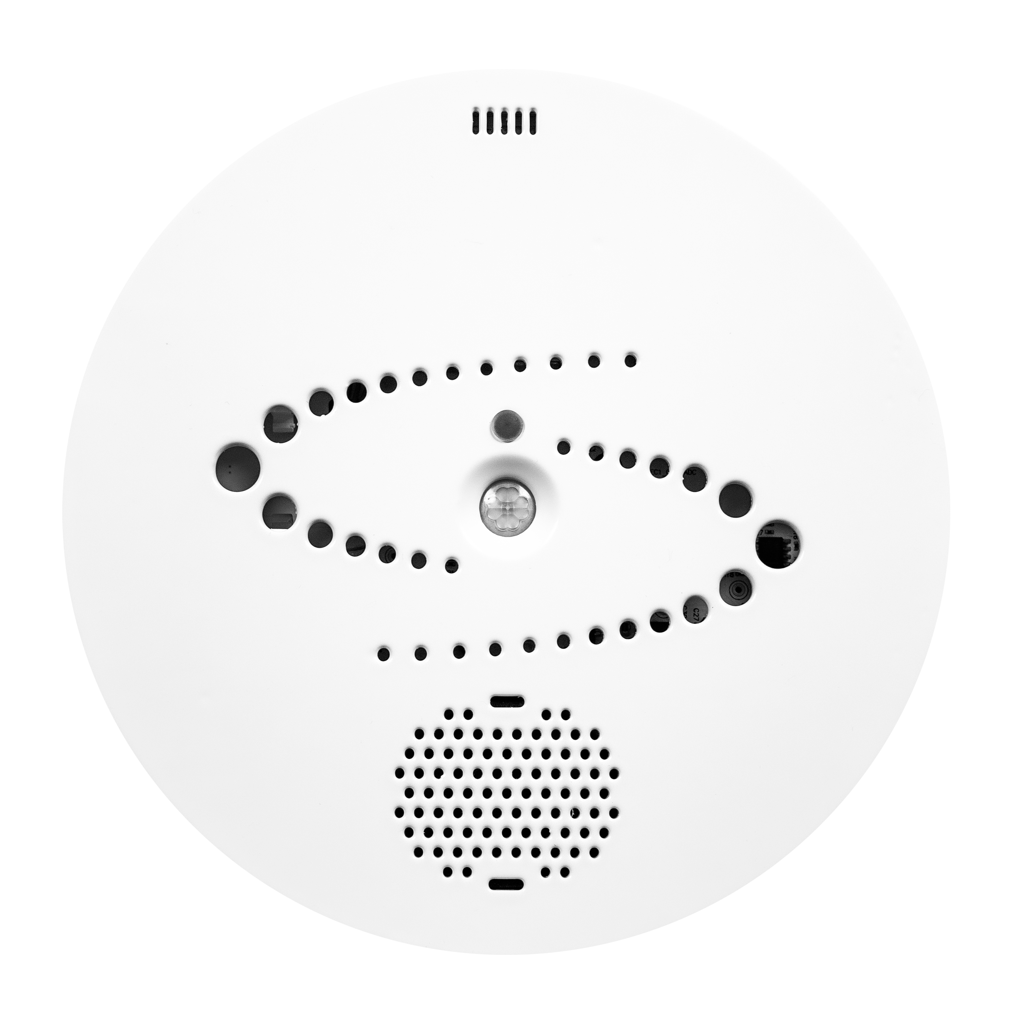 Détecteur de fumée rond avec évents et motifs circulaires.