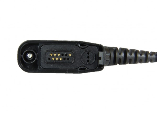 Zwarte elektrische connector met negen metalen contacten en spiraalkabel