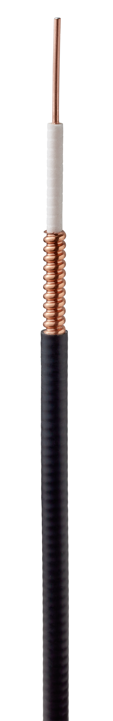 Coaxial cable with copper conductor, insulation, corrugated shield, and black jacket.