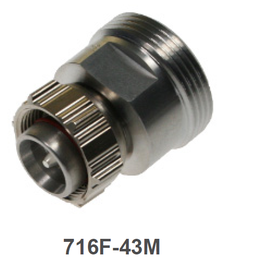 Metal connector with threaded attachment and ridged structure, labeled 716F-43M