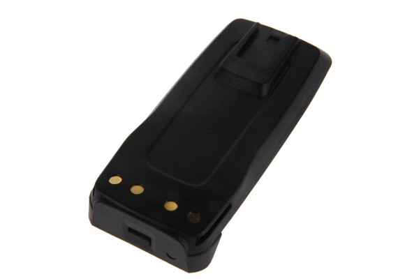 Bloc-batterie rectangulaire noir avec trois contacts dorés et clip de ceinture.