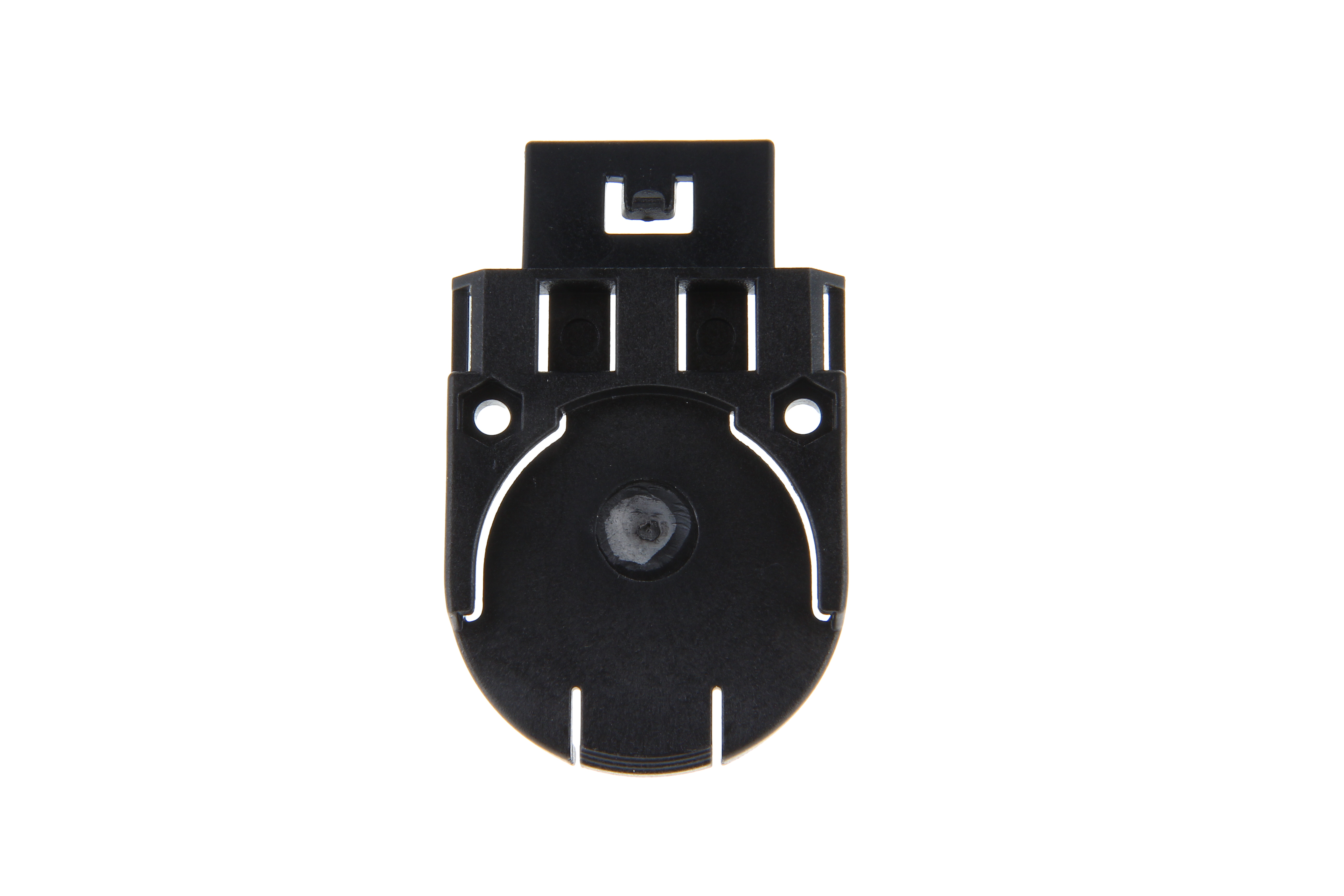 Round black plastic part with holes and notches.