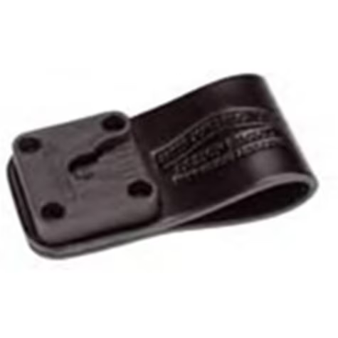 Zwarte plastic riemclip met vier schroefgaten.