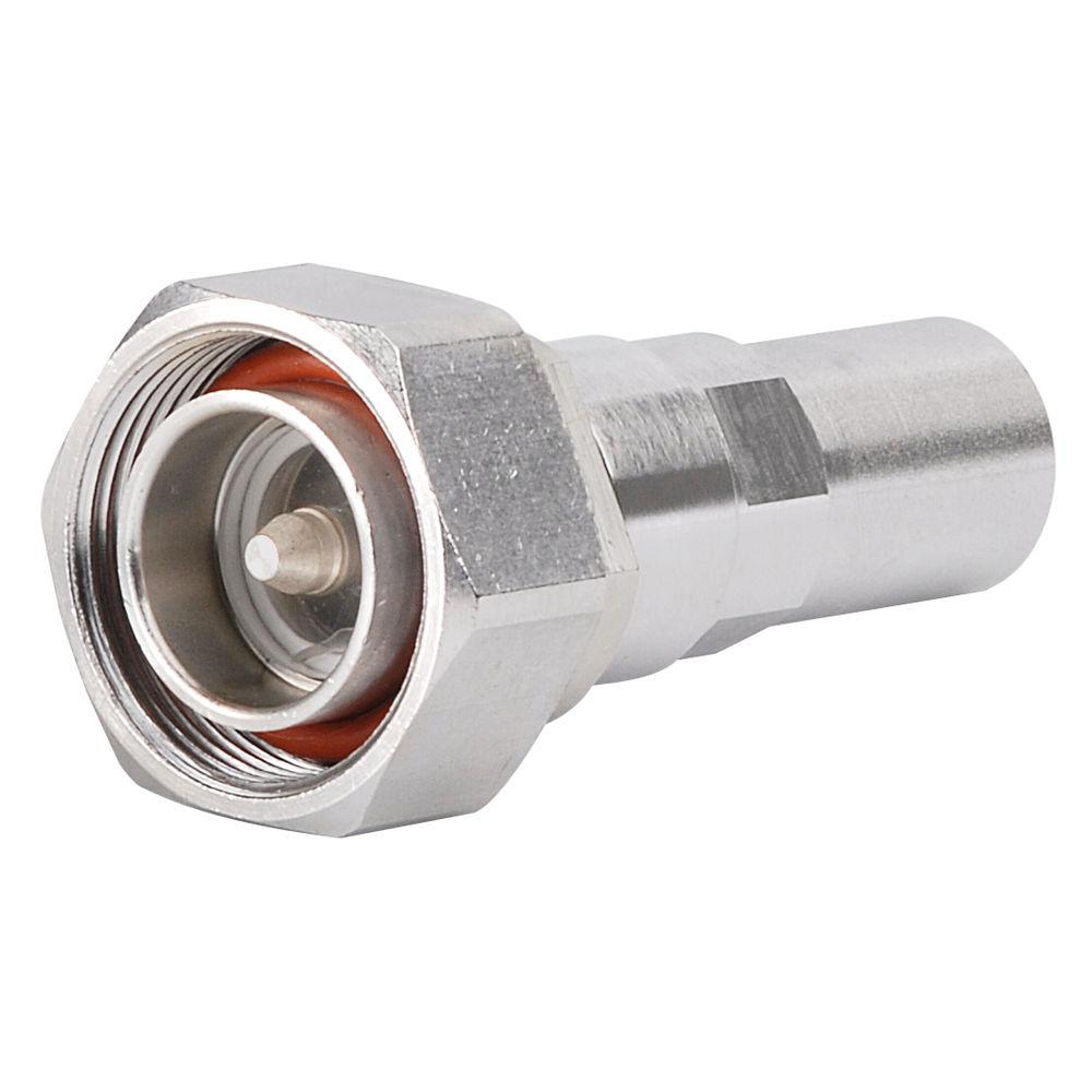 Metal coaxial connector with hexagonal nut and center pin.