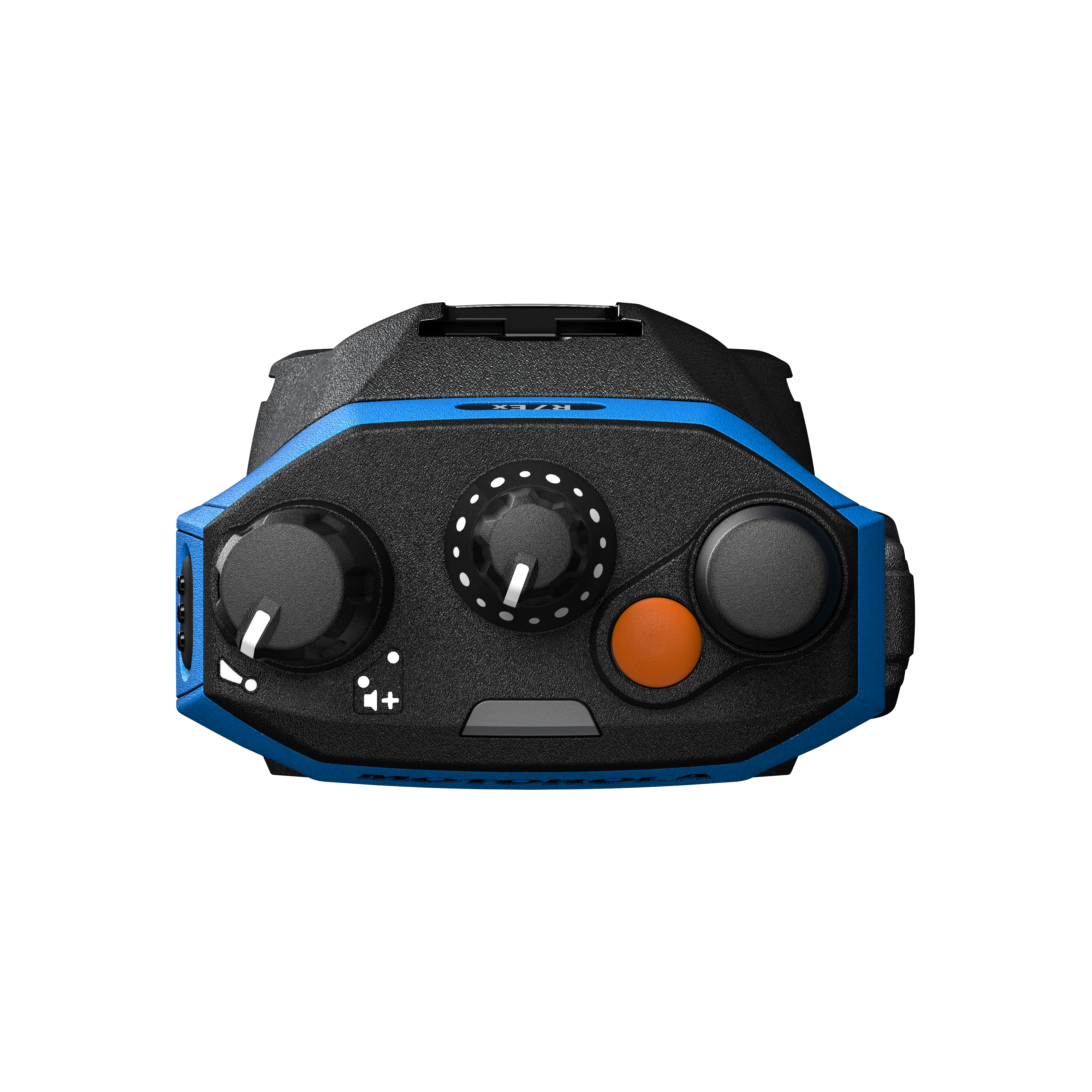 Zwart apparaat met twee knoppen, blauwe rand, linker en rechter knop: zwart, oranje.