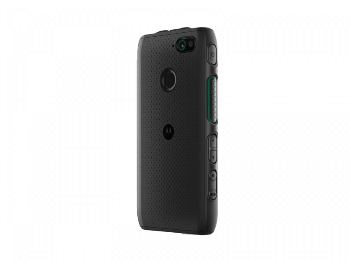 7000-00750590_mot_01.png Zwarte smartphone met textuur op de achterkant en zijknoppen.