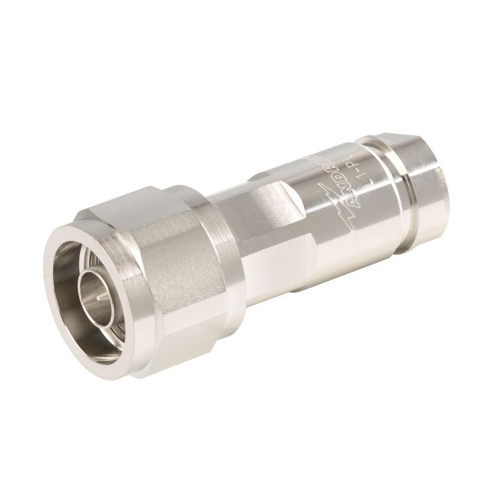 Silver coaxial connector with round, smooth surface.