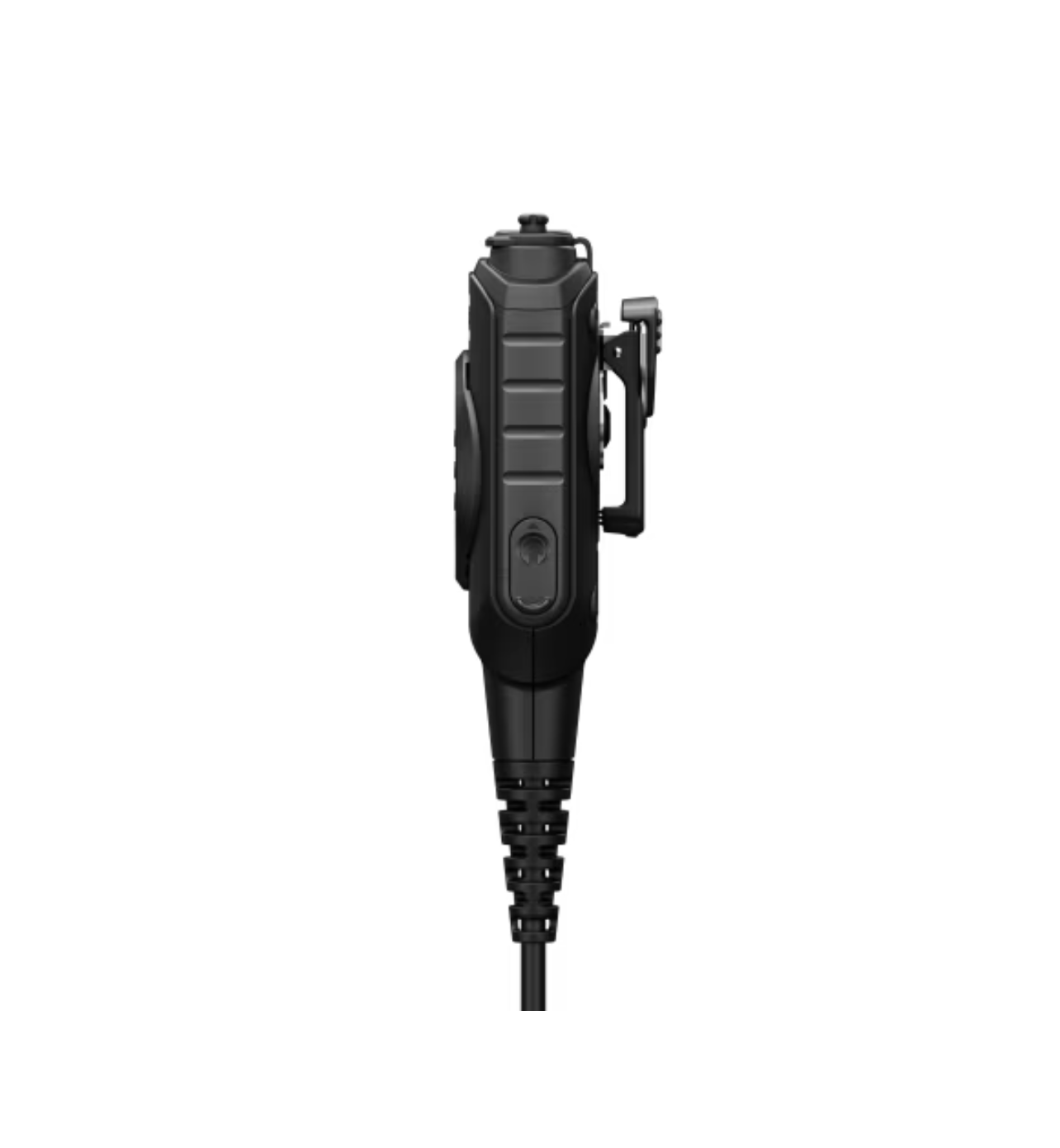 Zwart draagbare radio met microfoon en kabel vanaf de zijkant.