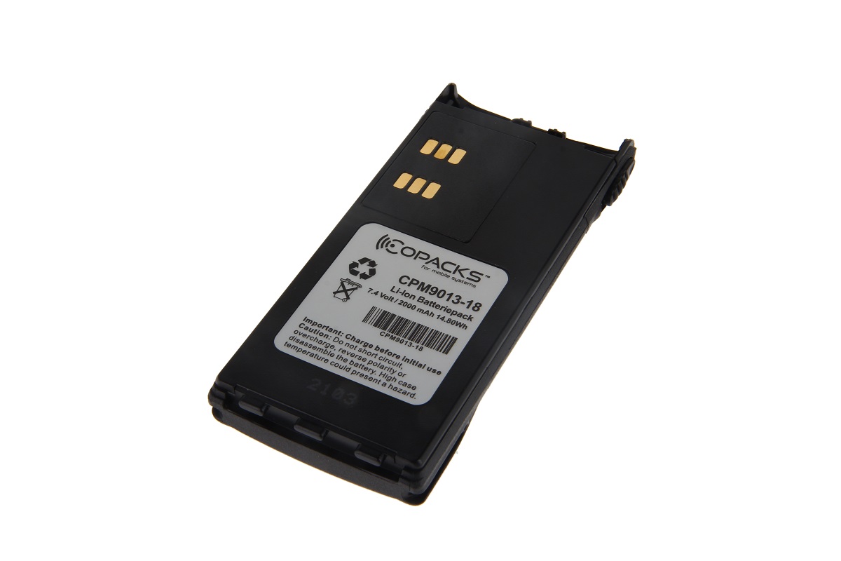 Black Li-Ion battery pack, 7.4V, 2000mAh, 14.8Wh, with data on label.