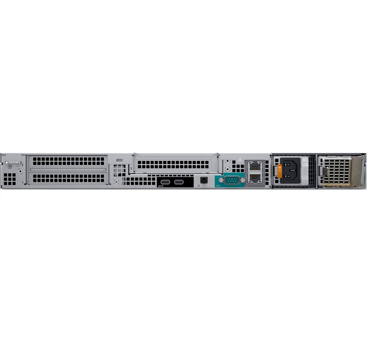 Achterkant van een server met poorten en ventilatiesleuven.