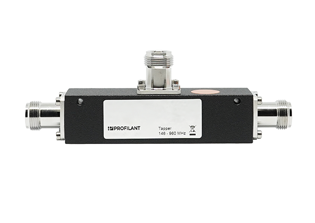 Zwart-zilveren elektrische RF-tap. Frequentiebereik 146-960 MHz.