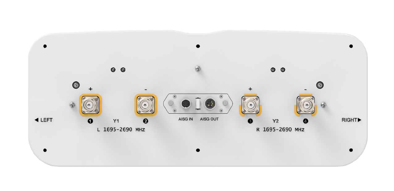 Antenne-aansluitpaneel met vier coaxconnectoren en AISG-poorten.