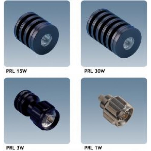 7000-00563600_pro_01.jpg Vier verschillende cilindrische elektronische componenten met labels PRL 15W, PRL 30W, PRL 3W, PRL 1W.