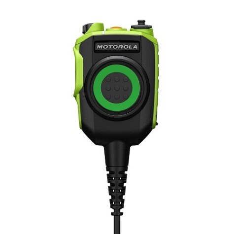 Hand microphone with speaker, green and black, Motorola logo on top.