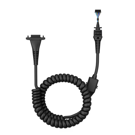 Zwart spiraalvormig adapterkabel met twee verschillende uiteinden.