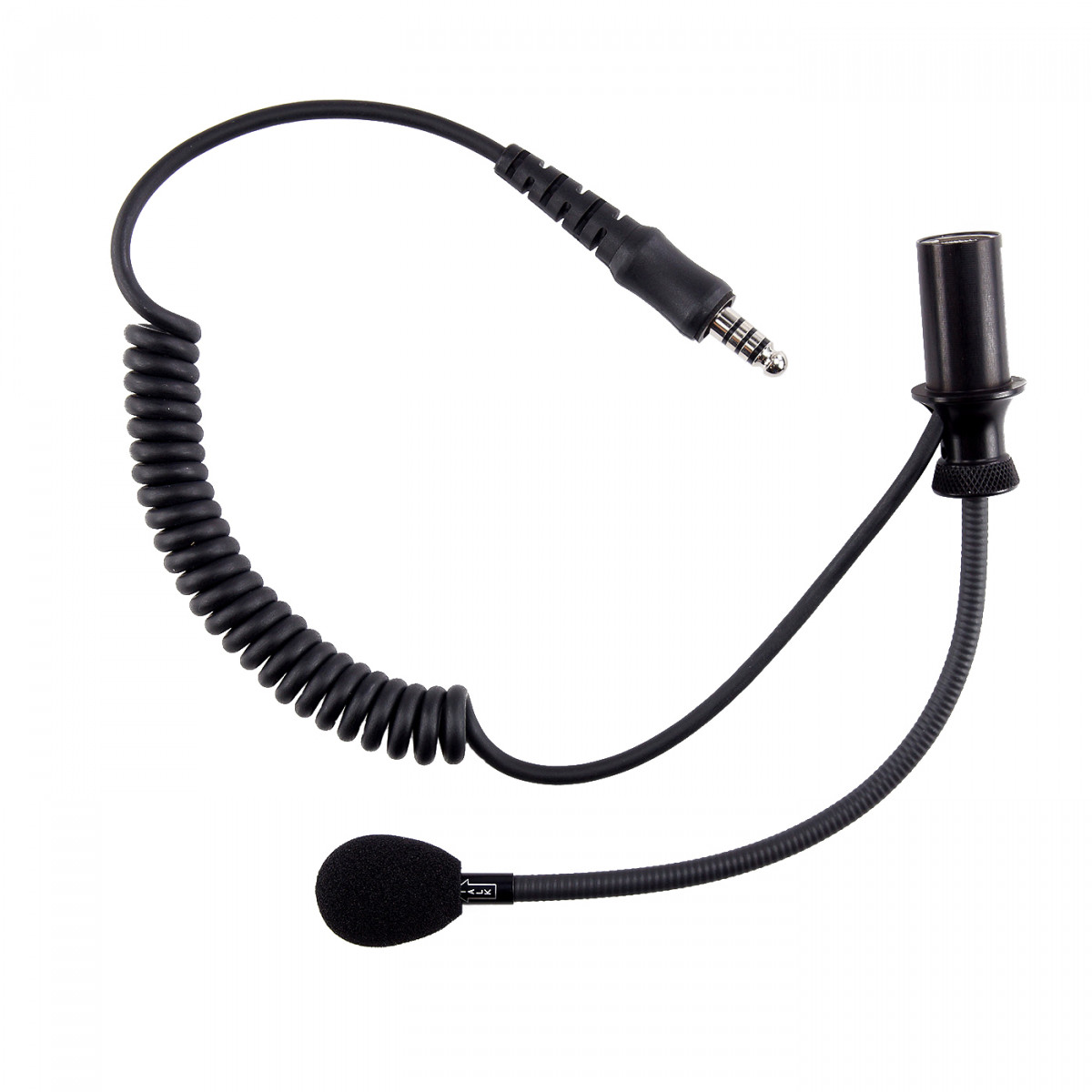 Black coiled cable with microphone attachment and plug.