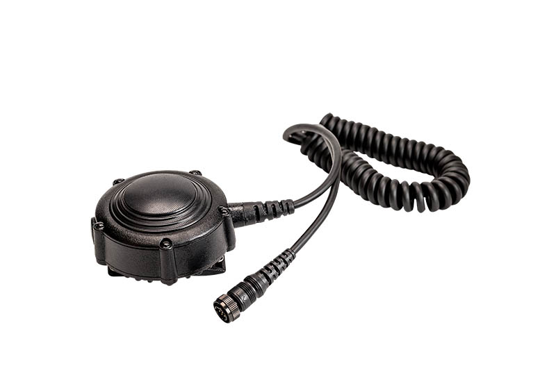 Ronde zwarte sensor met spiraalkabel en connector.