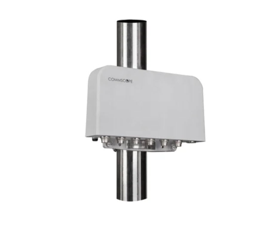 Antenna with rectangular housing, mounted on a metal pole.