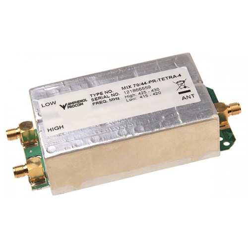 Electronic frequency filter with connectors and printed technical data.