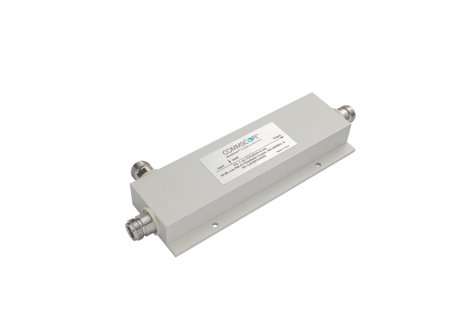 Grijze elektronische splitter met twee aansluitingen en een etiket.