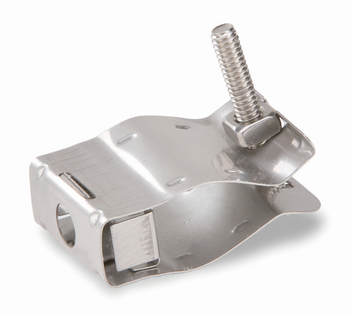 Metalen klem met bout en moer, gebruikt voor bevestiging.