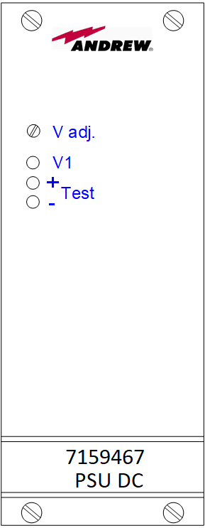 White box with Andrew logo, four circles: V adj., V1, +, Test. Below number 7159467, PSU DC.
