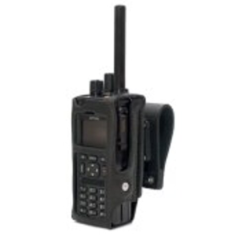 Black handheld radio with antenna and keypad.