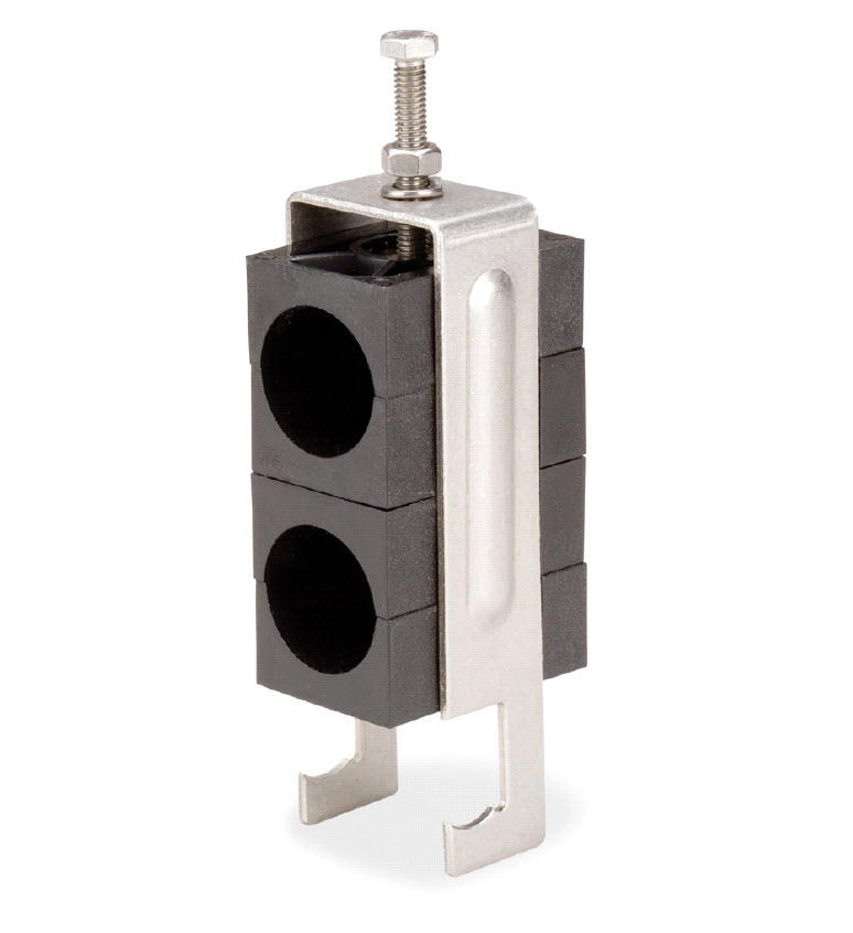 7000-00077400_com_01.jpg Metalen en plastic buisklem voor twee leidingen met bevestigingsschroef bovenop.