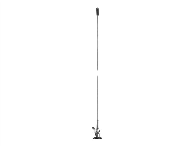 Lange antenne met zwarte punt en zilveren montagebasis.