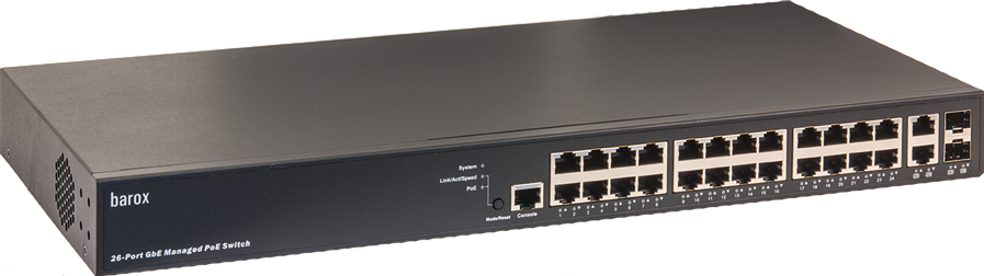 26-poorts Gigabit PoE-switch van barox, zwart, met LED-indicatoren en Ethernet-poorten.