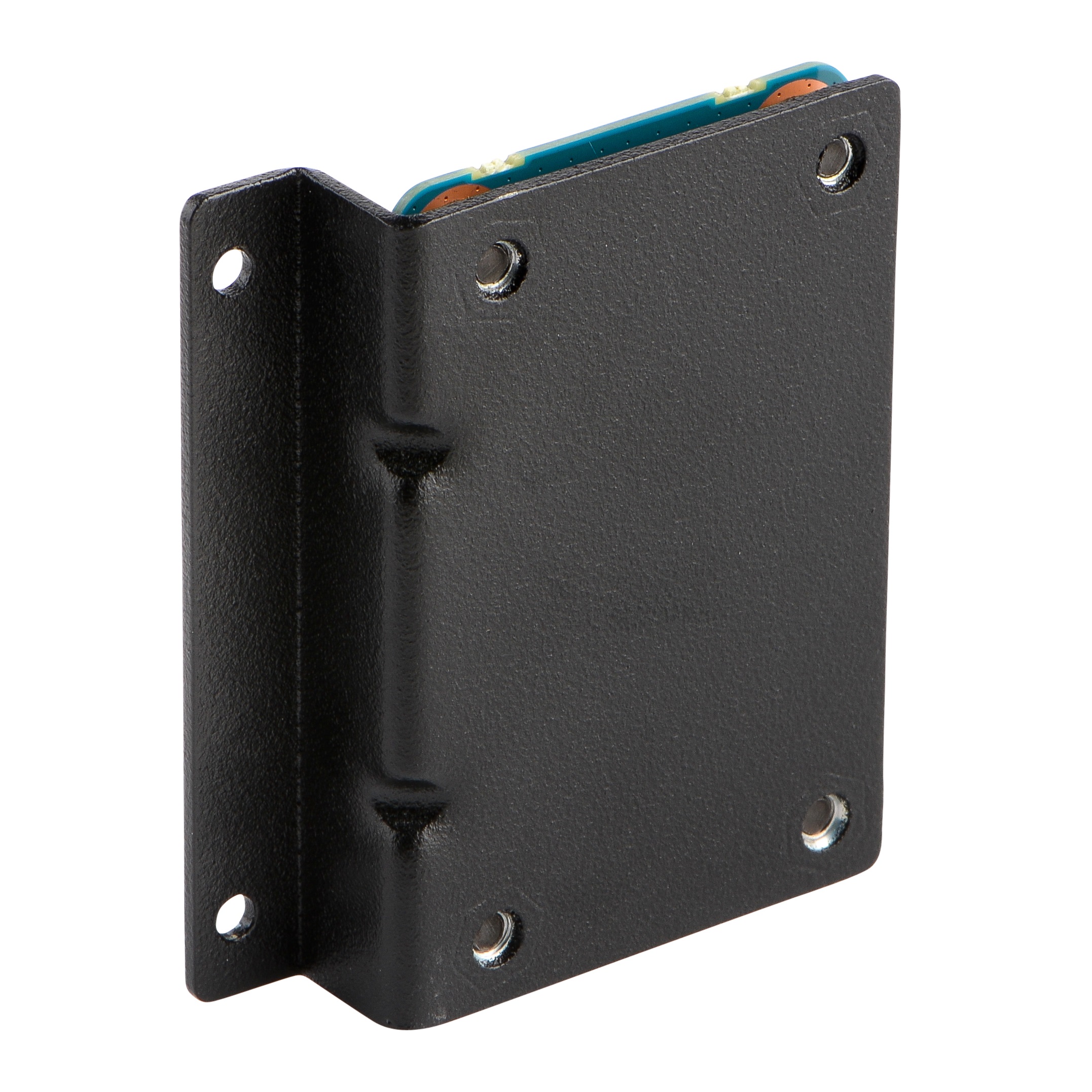 Zwarte beugel met vier gaten en blauwe connector.