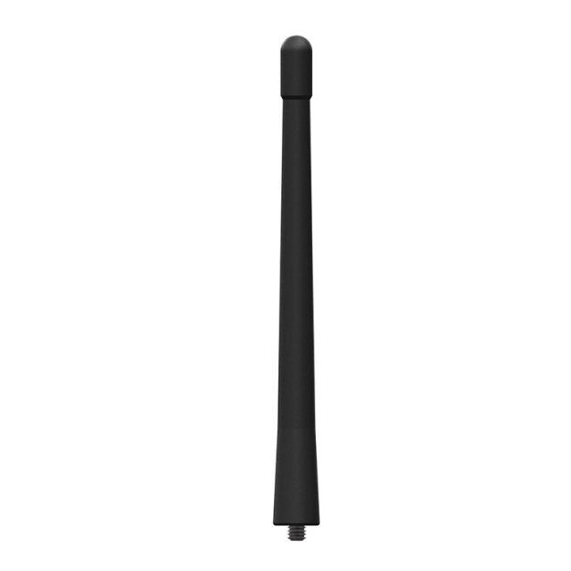 Zwarte staafantenne met schroefdraad aan de onderkant.