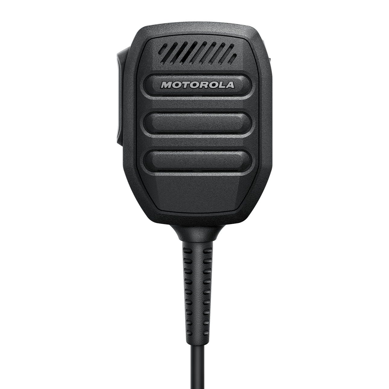 Zwart microfoon met kabel en merknaam aan de voorkant.