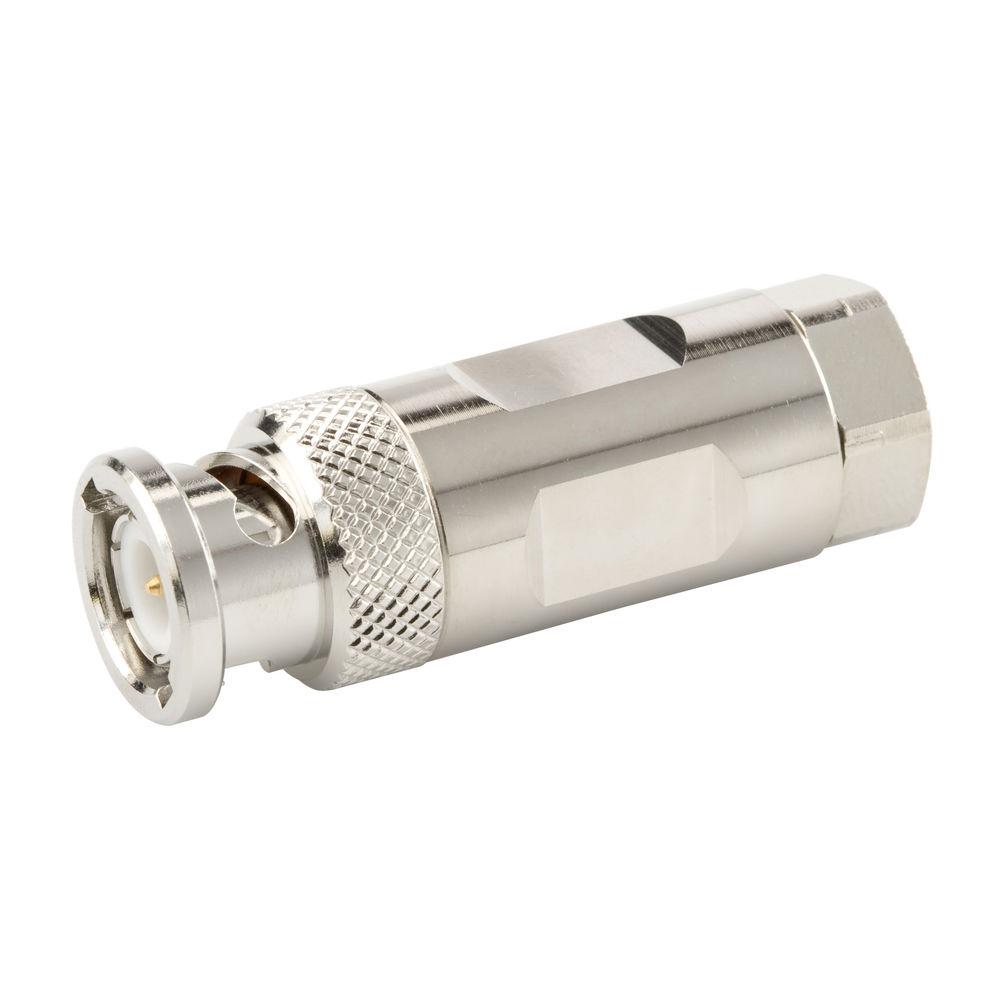 Connecteur BNC métallique, cylindrique, avec moletage et filetage.