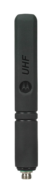 Zwarte UHF-antenne met logo en schroefdraad aan de onderkant.