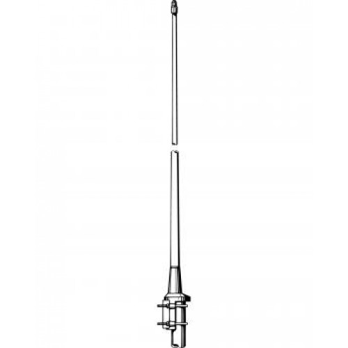 Zwart-witte technische tekening van een antenne met montagebasis.