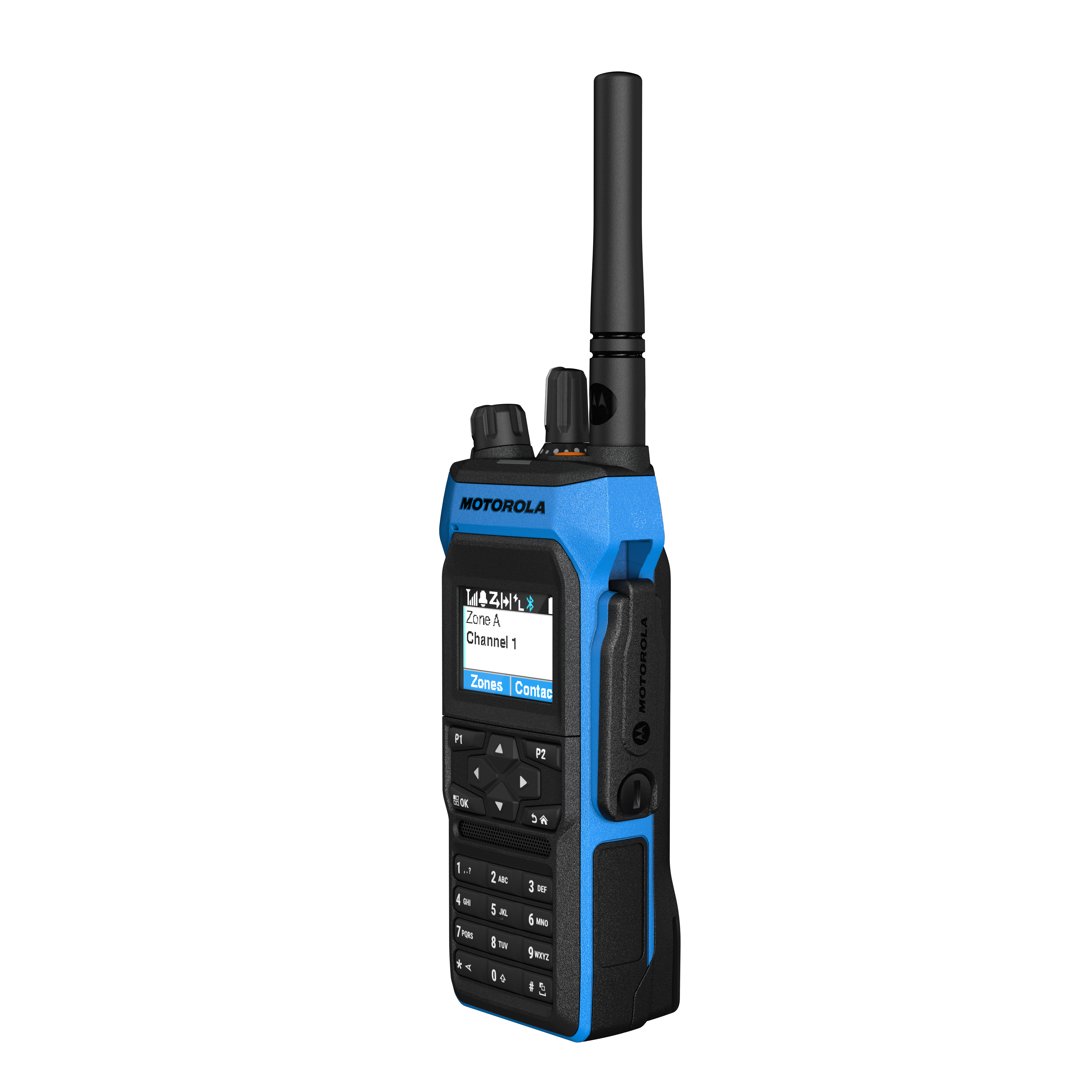 Radio met scherm, knoppen en antenne, merknaam bovenaan.