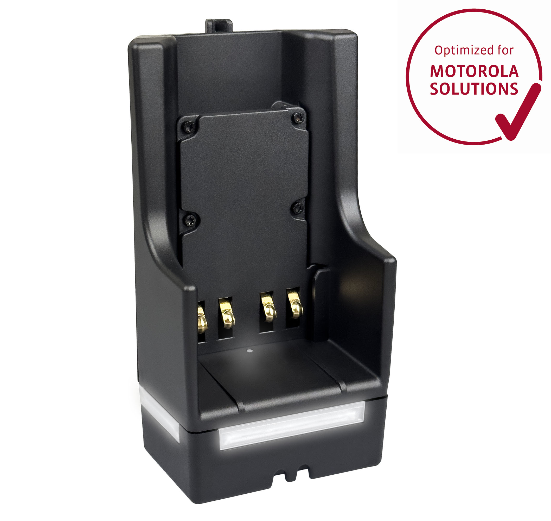 Chargeur noir avec quatre contacts de charge pour appareils Motorola.