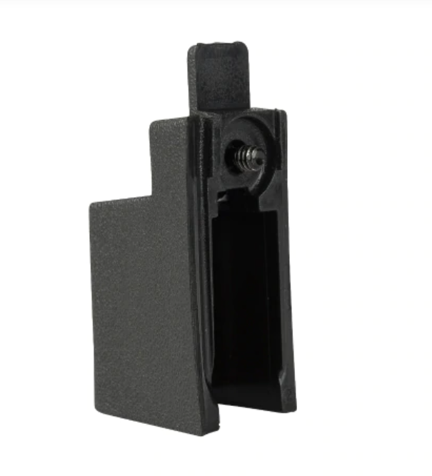 Black plastic part with hook and rectangular shape.