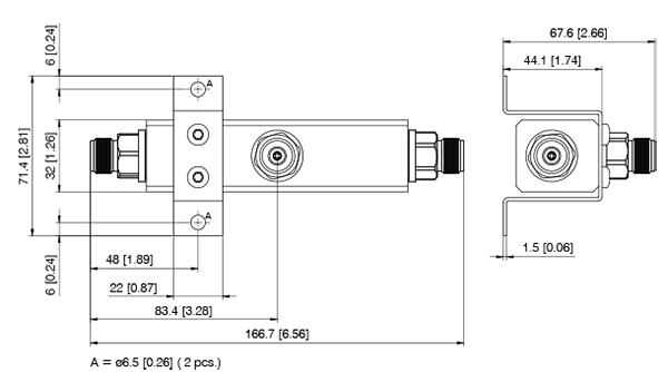 Technische tekening van een cilinder met afmetingen in millimeters en inches.