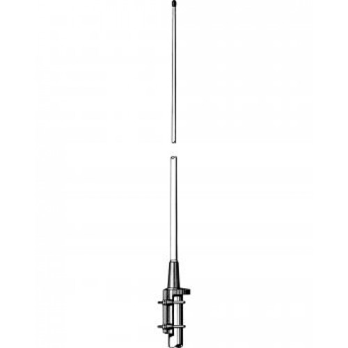 Twee verticale antennes gestapeld, de bovenste korter, onderste met montagebeugel.