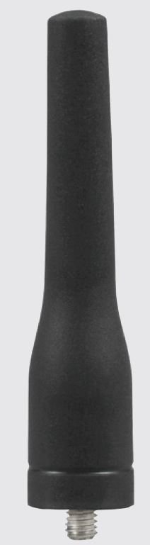 Black rubber antenna with thread at the bottom.