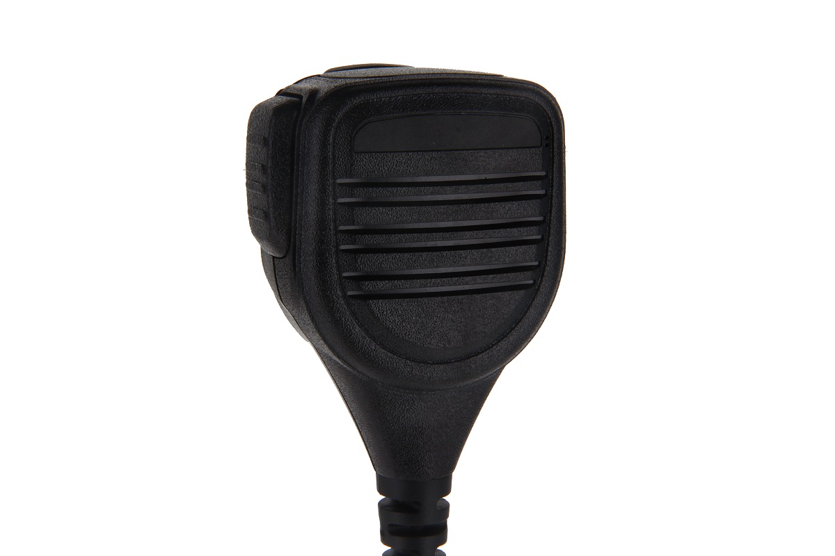 Zwart handmicrofoon met rubberen knoppen en spiraalsnoeraansluiting.