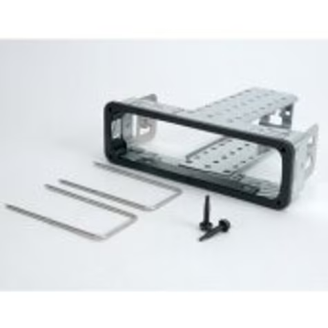 Mounting frame and installation kit for car radios with screws and clips.