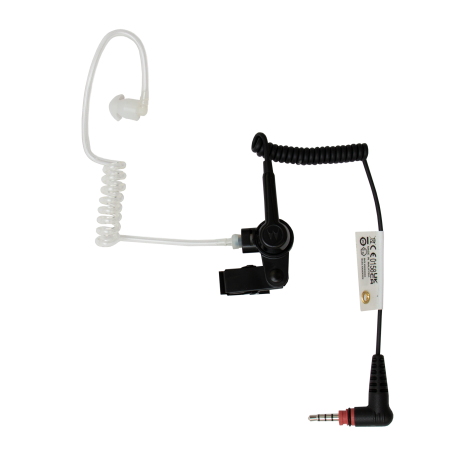 Black acoustic tube earpiece set with jack plug and cable clip.