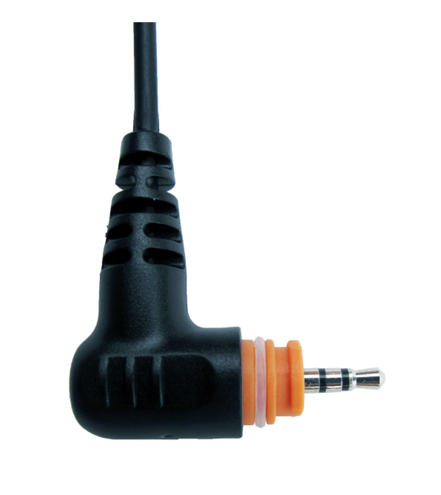 Zwarte haakse audiojack met oranje ring en kabel